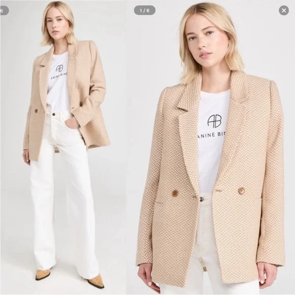 Anine Bing Fishbone Double Breasted Blazer Jacket Large Tan Cream Beige Wool S - Picture 1 of 11